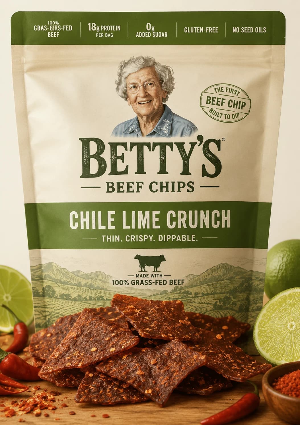 Bag of Betty's Beef Chips Chile Lime Crunch surrounded by chile-dusted beef chips, limes, and red chiles