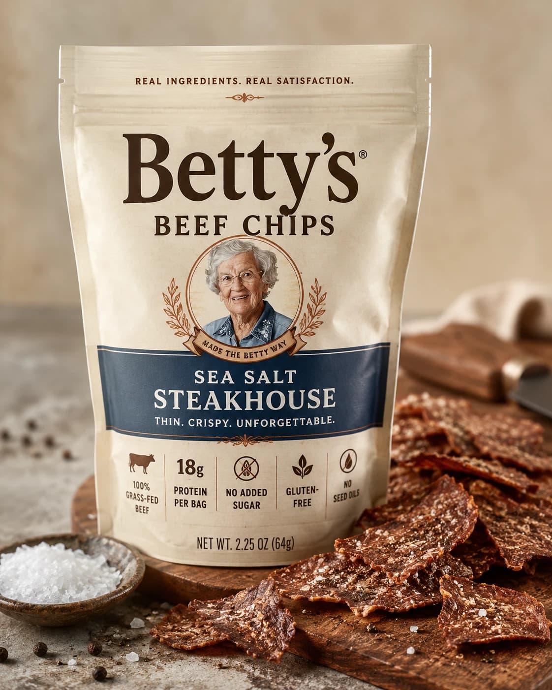 Bag of Betty's Beef Chips Sea Salt Steakhouse with crispy seasoned beef chips and a bowl of sea salt
