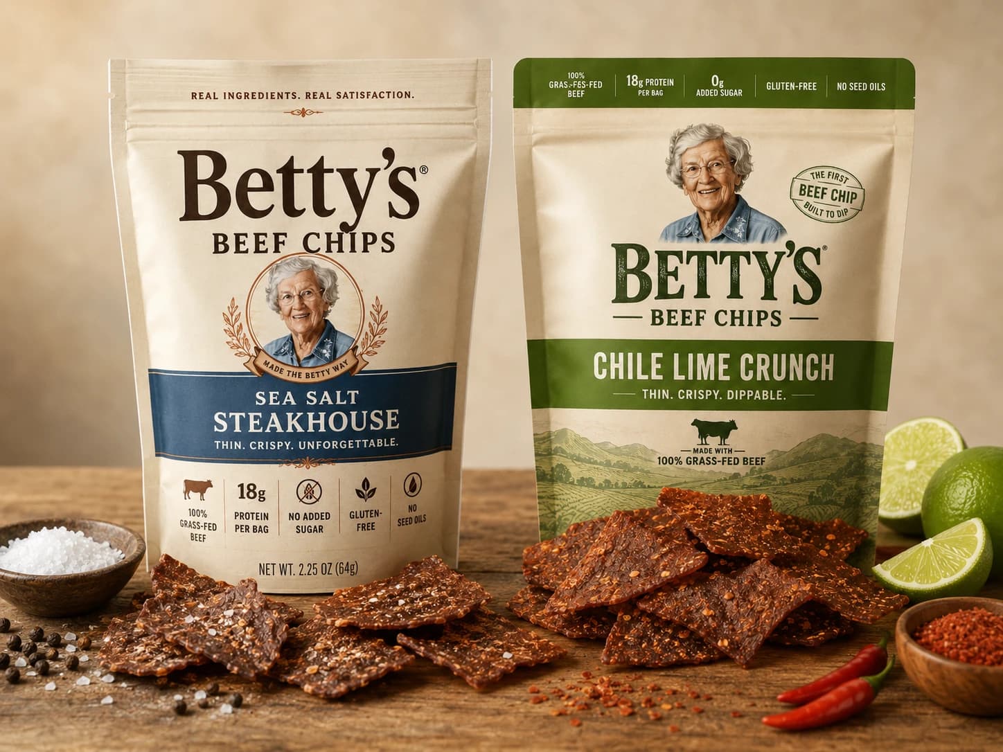 Bags of Betty's Beef Chips Sea Salt Steakhouse and Chile Lime Crunch side by side with piles of beef chips